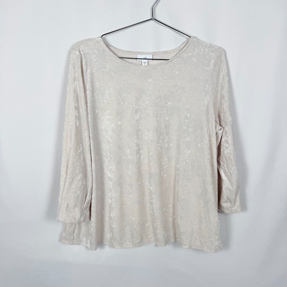 J. Jill Womens White Crushed Velvet Blouse Size Medium 3/4 Sleeves